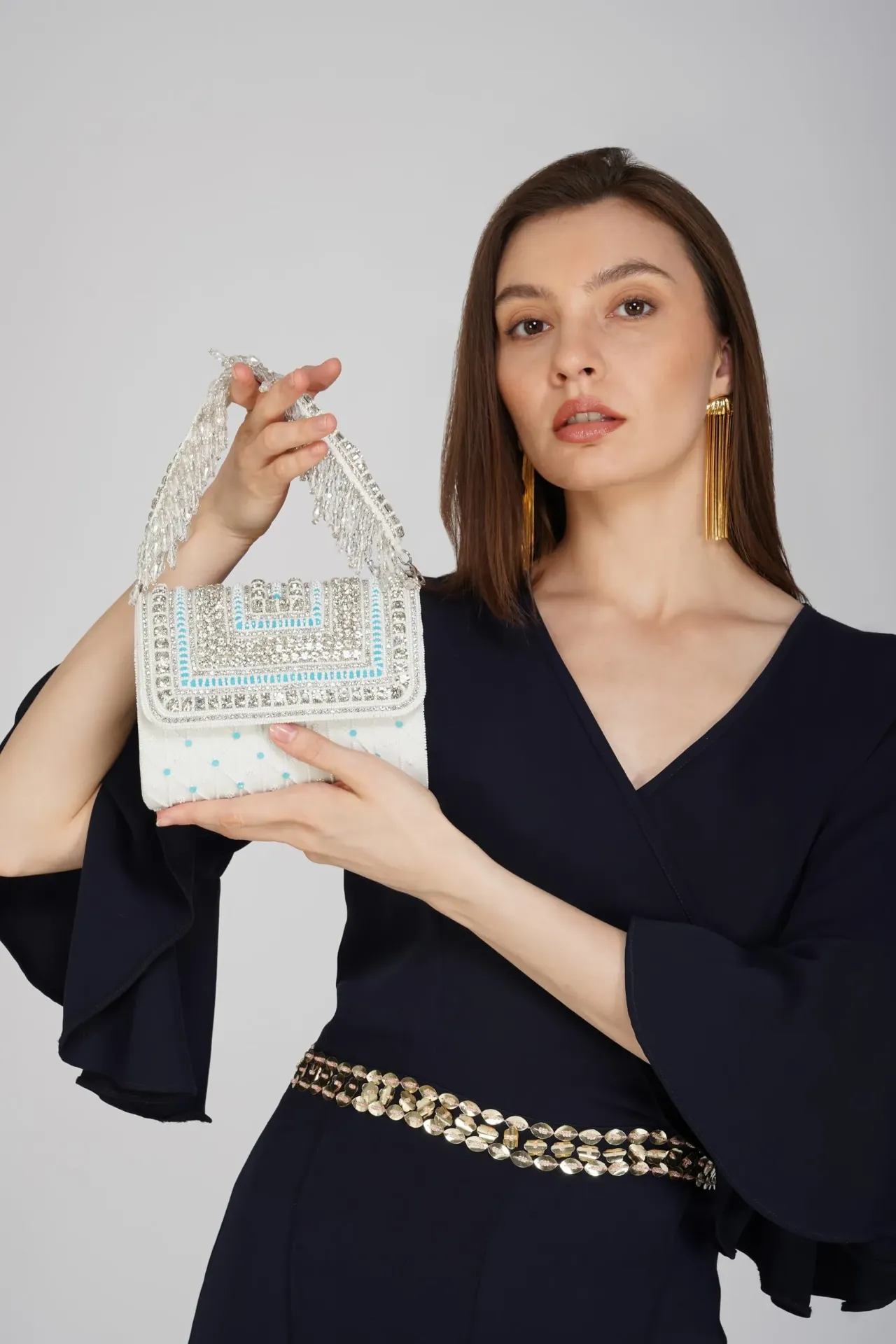 Crystal-Beaded Flap Clutch Bag