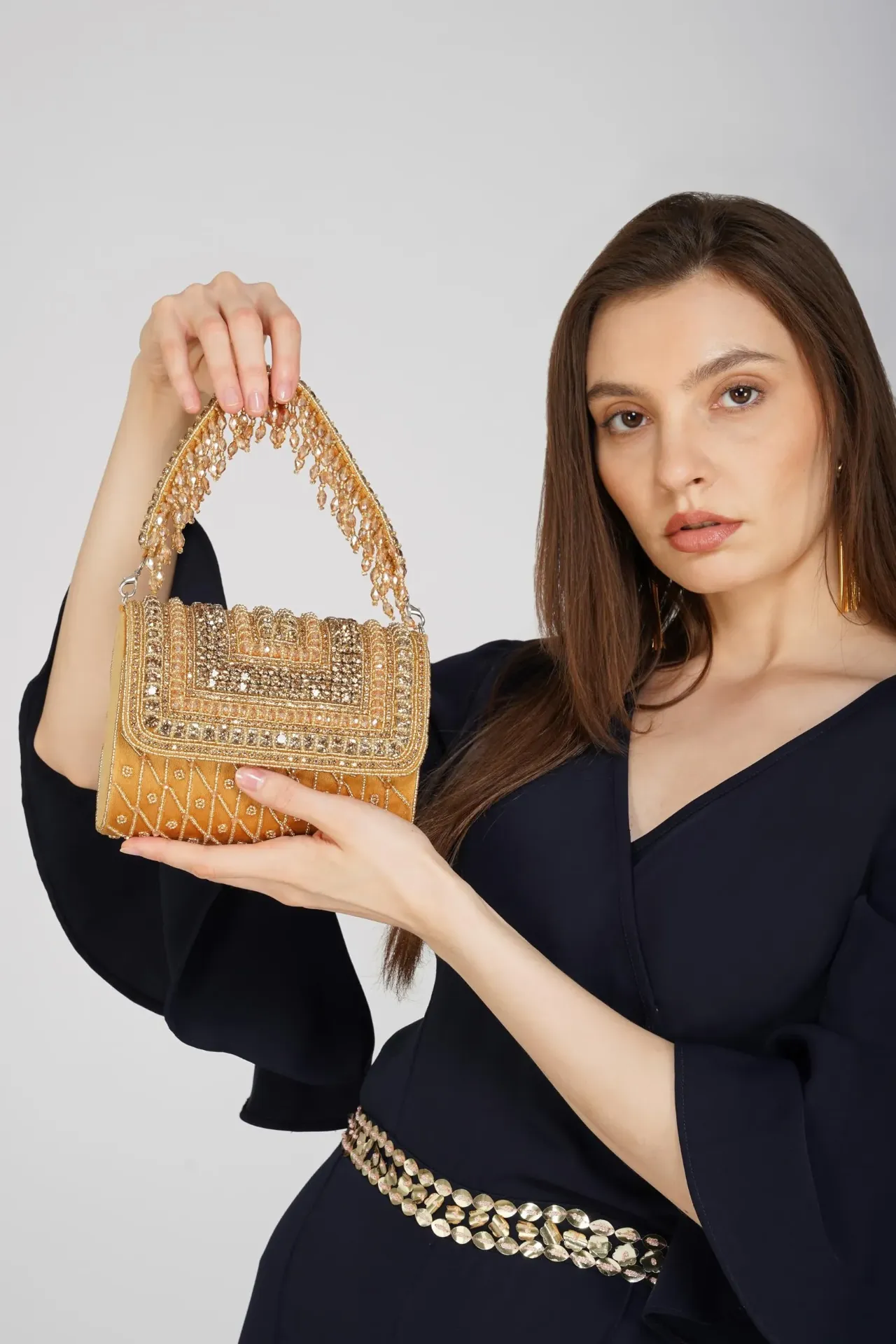 Crystal-Beaded Flap Clutch Bag